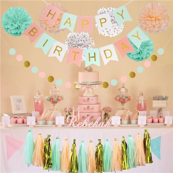 Mint Peach Birthday Party Decorations, Happy Birthday Decoration Set with Banner - Picture 2 of 8